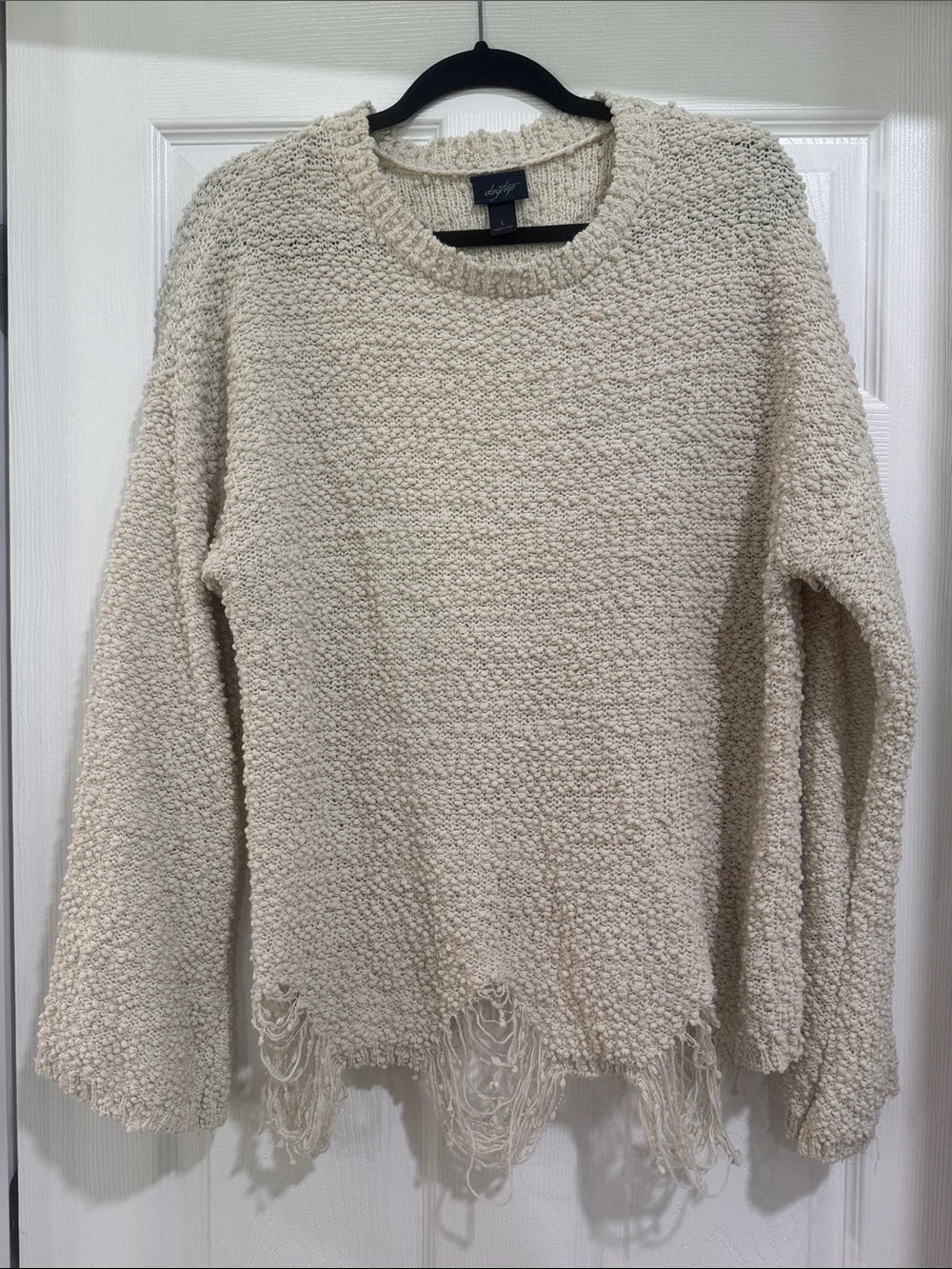 Daytrip Cream Textured Fringe-Hem Crew Sweater